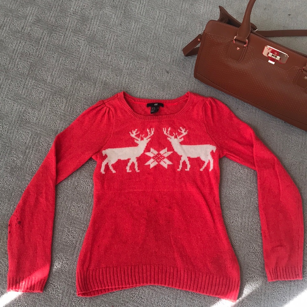 H&M Red Crewneck Sweater with White Reindeer Motif